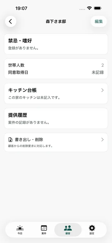 顧客の詳細。禁忌・嗜好、世帯人数、この家のキッチン台帳、提供履歴への導線が並ぶ