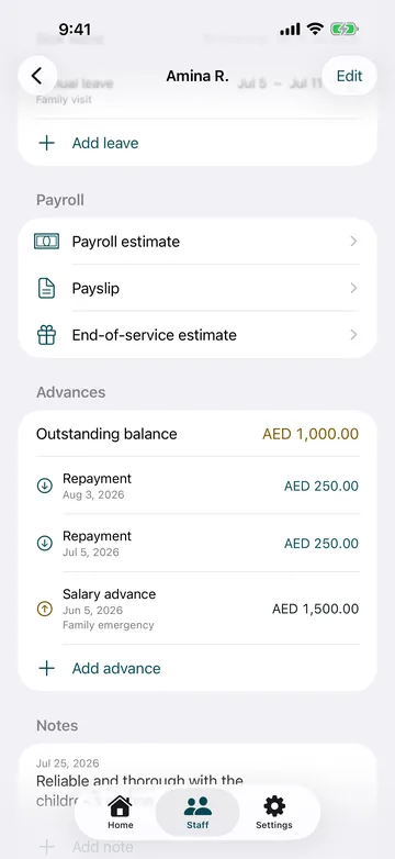 Payroll screen. Payslip and end-of-service estimates, outstanding advance balance in AED, repayments and notes