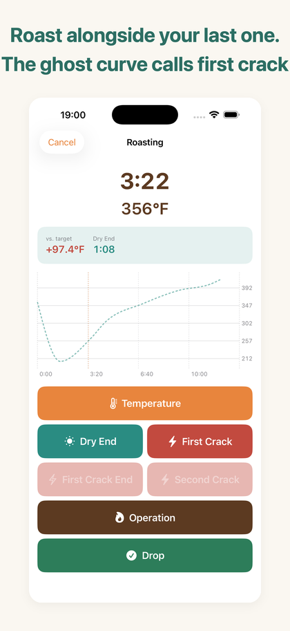 Live roasting screen with elapsed time, current temperature, ghost curve and large logging buttons