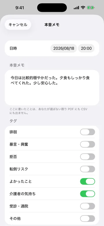 本音メモの入力。日時と自由記述の本文に加えて、徘徊・暴言・拒否・転倒リスク・よかったこと・介護者の気持ちなどのタグをトグルで付ける