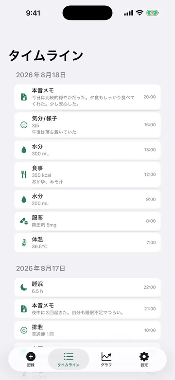 タイムライン。日付ごとに本音メモ・気分/様子・水分・食事・服薬・体温・睡眠・排便が時刻とともに縦に並ぶ