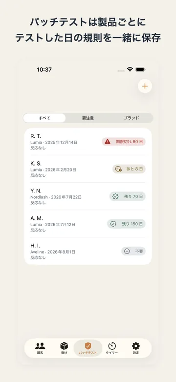 パッチテストの一覧。顧客ごとにテストした日と製品名、期限切れ・あと2週間・残り70日などの状態が並ぶ