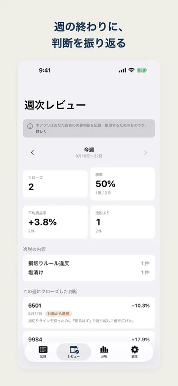 Pro の案内。無料と Pro の機能比較表(判断の記録・照合、分析、週次レビュー、CSV/PDF 出力、バックアップ)と買い切り価格