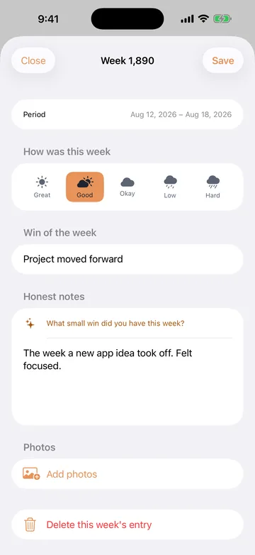 Weekly journal for week 1,890. A five-step mood picker, the win of the week, honest notes and a photo slot
