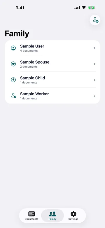 Family list. Each family member shows how many documents are tracked for them