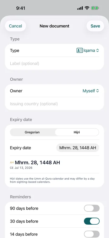 New document. Type (Iqama), owner, and an expiry date that can be entered in either the Gregorian or the Hijri calendar, with reminders at 90, 30 and 14 days before