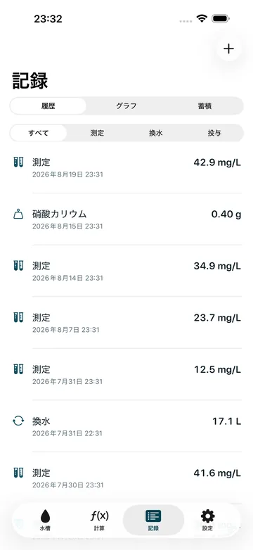 記録の一覧。水質と換水の履歴を、グラフ・蓄積のタブで切り替えて見る
