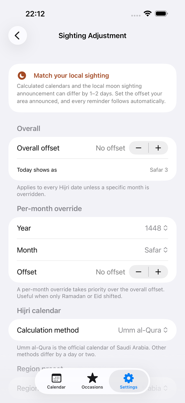 Sighting adjustment screen with the overall offset, per-month overrides and the calculation method