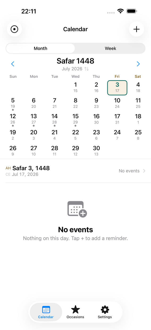 Calendar screen with the Hijri date shown large and the Gregorian date beneath it