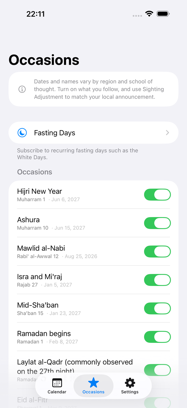 Occasions screen listing Islamic occasions, each with its own toggle