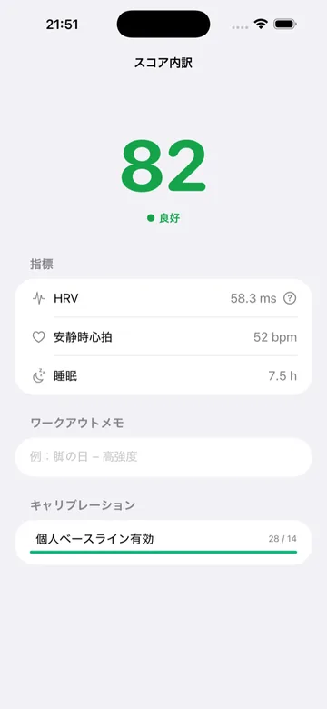 Score detail. A recovery score of 82 (good), with the HRV, resting heart rate and sleep figures behind it, a workout note field, and the personal-baseline calibration progress