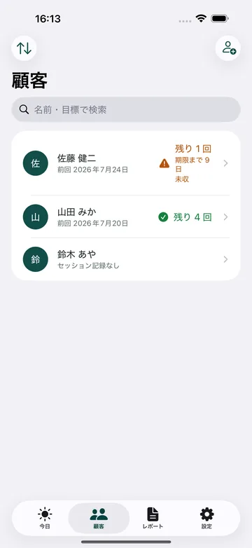 顧客の一覧。顧客ごとに前回の日付と残り回数、期限までの日数が並ぶ