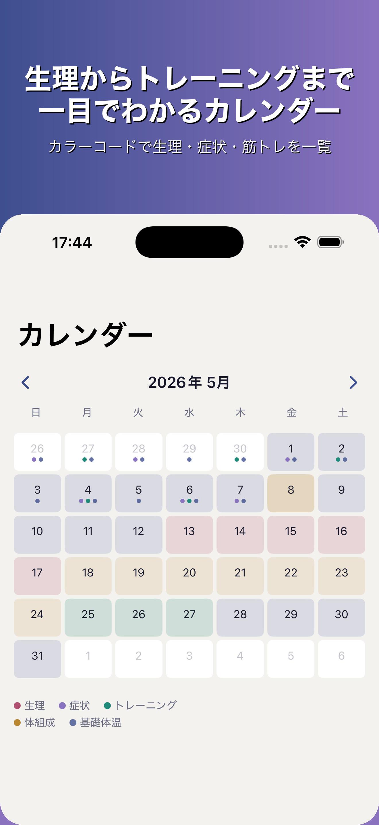 カレンダー画面：生理・症状・筋トレを一覧表示