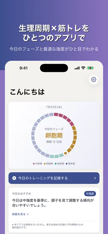 ホーム。今日の周期フェーズ「卵胞期」を円で示し、今日のトレーニングを記録する導線と、強度の目安