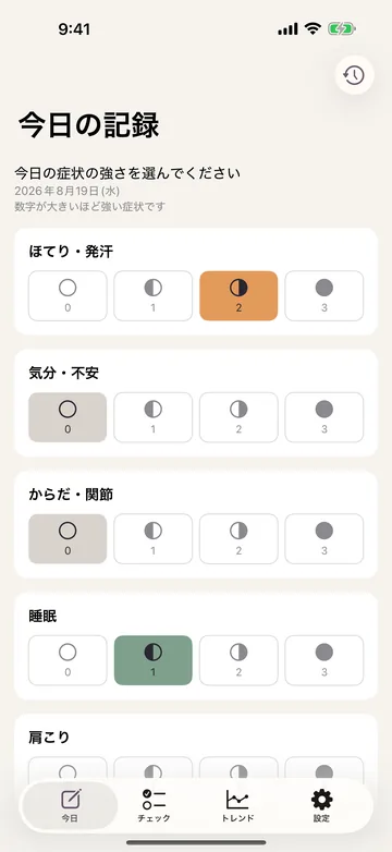 今日の記録。ほてり・発汗、気分・不安、からだ・関節、睡眠、肩こりの強さを0〜3の4段階で選ぶ