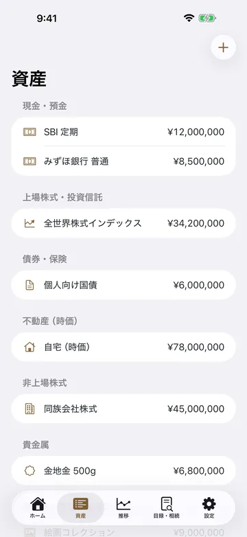 資産の一覧。現金預金・上場株式投資信託・債券保険・不動産（時価）・非上場株式・貴金属が、銘柄名と金額つきで並ぶ